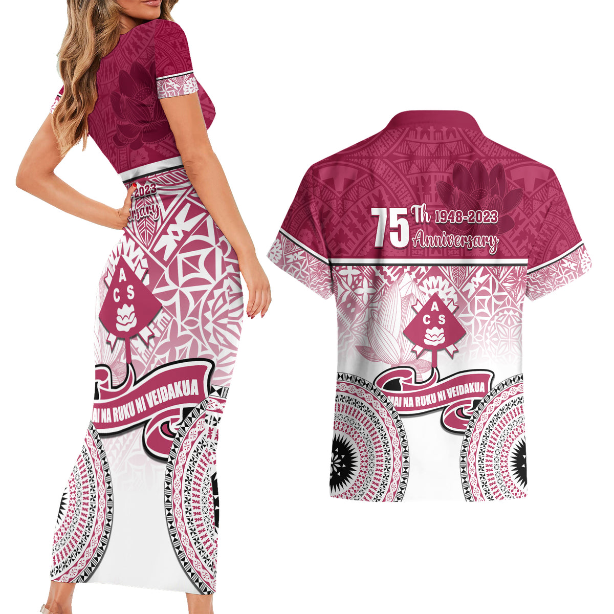 Adi Cakobau School Couples Matching Short Sleeve Bodycon Dress and Hawaiian Shirt 75th Anniversary LT05 - Polynesian Pride