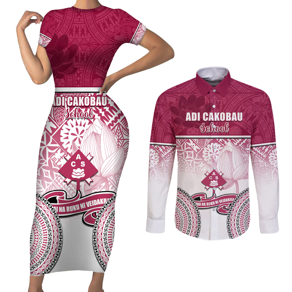 Adi Cakobau School Couples Matching Short Sleeve Bodycon Dress and Long Sleeve Button Shirts 75th Anniversary LT05 Pink - Polynesian Pride