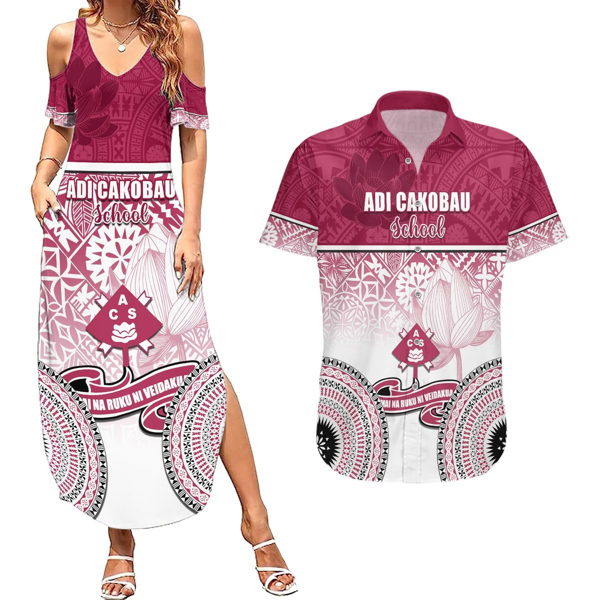 Adi Cakobau School Couples Matching Summer Maxi Dress and Hawaiian Shirt 75th Anniversary LT05 Pink - Polynesian Pride