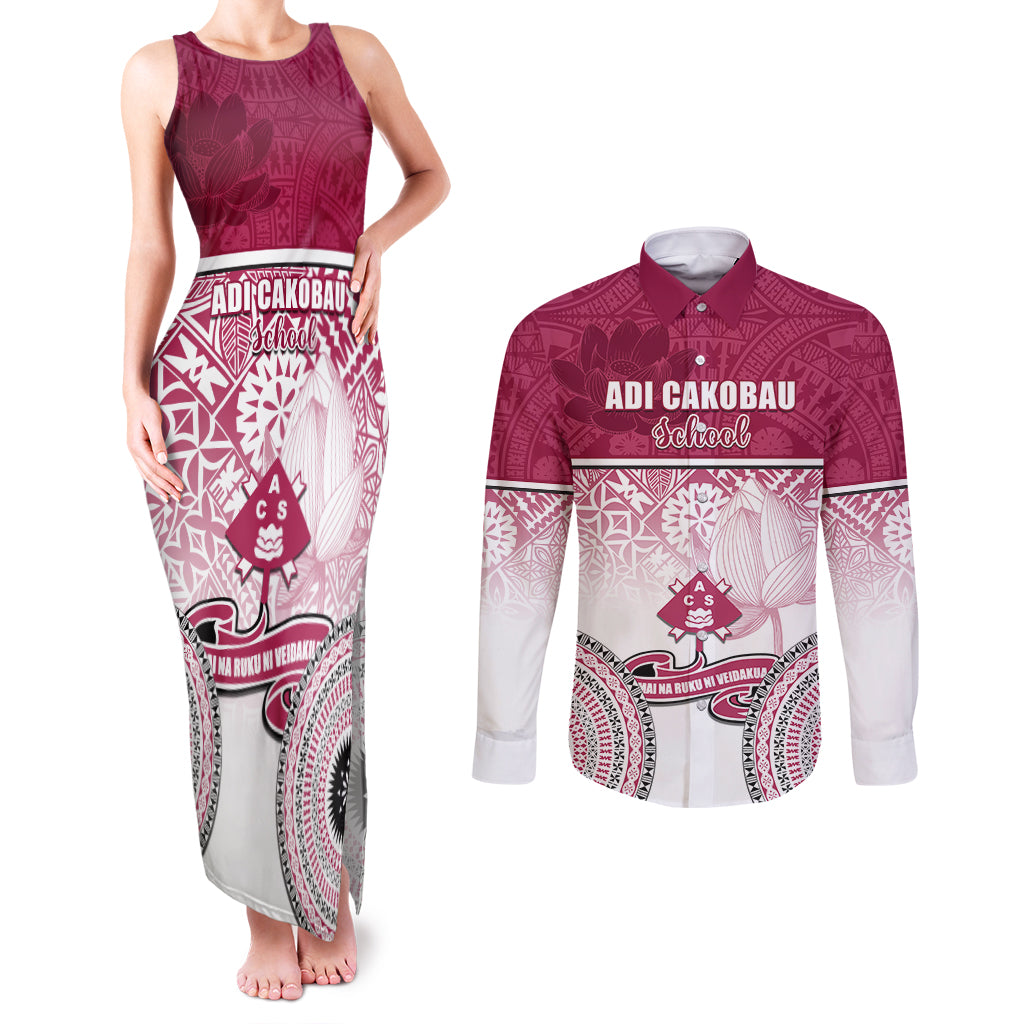 Adi Cakobau School Couples Matching Tank Maxi Dress and Long Sleeve Button Shirts 75th Anniversary LT05 Pink - Polynesian Pride