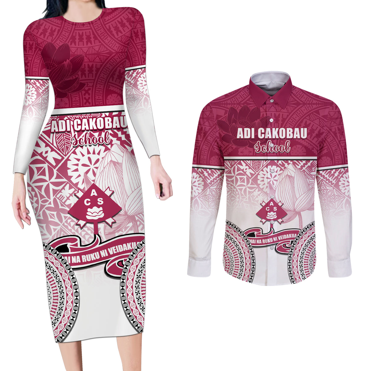 Personalized Adi Cakobau School Couples Matching Long Sleeve Bodycon Dress and Long Sleeve Button Shirts With Fijian Tapa Pattern LT05 Pink - Polynesian Pride