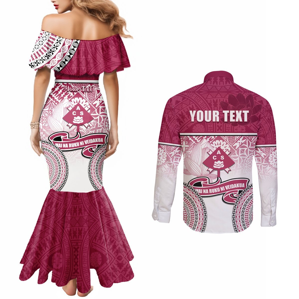 Personalized Adi Cakobau School Couples Matching Mermaid Dress and Long Sleeve Button Shirts With Fijian Tapa Pattern LT05 - Polynesian Pride
