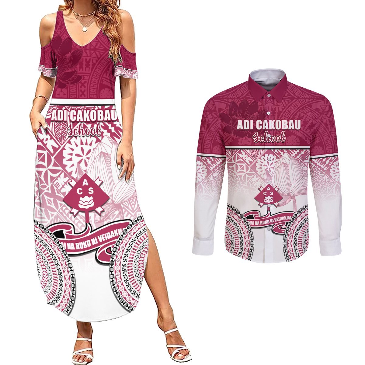 Personalized Adi Cakobau School Couples Matching Summer Maxi Dress and Long Sleeve Button Shirts With Fijian Tapa Pattern LT05 Pink - Polynesian Pride