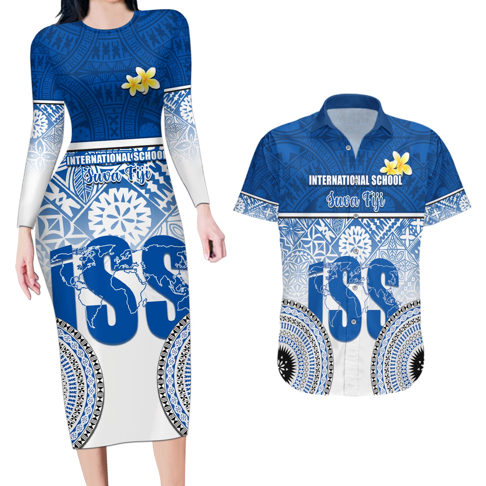 personalized-international-school-suva-couples-matching-long-sleeve-bodycon-dress-and-hawaiian-shirt-with-fijian-tapa-pattern