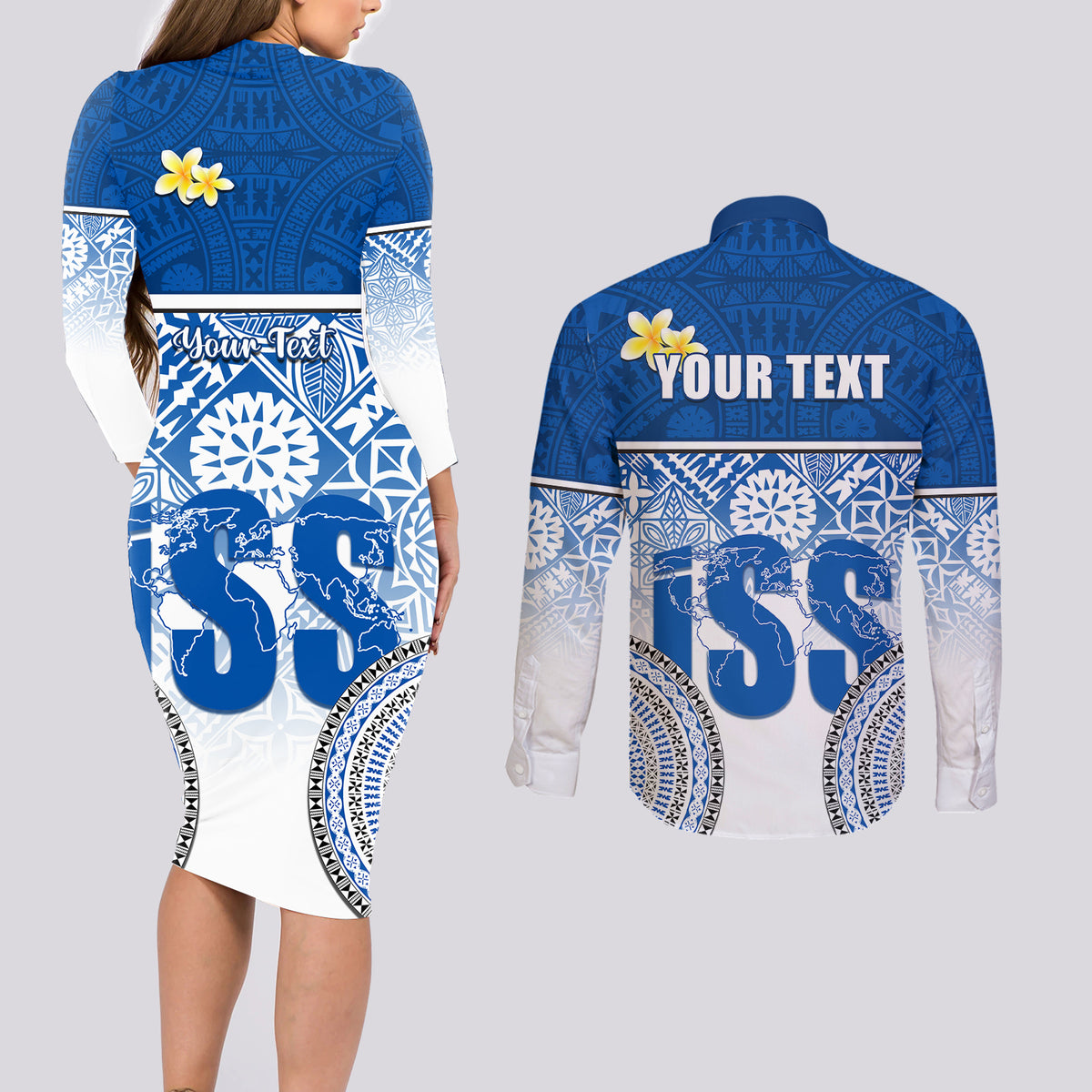 Personalized International School Suva Couples Matching Long Sleeve Bodycon Dress and Long Sleeve Button Shirts With Fijian Tapa Pattern LT05 - Polynesian Pride