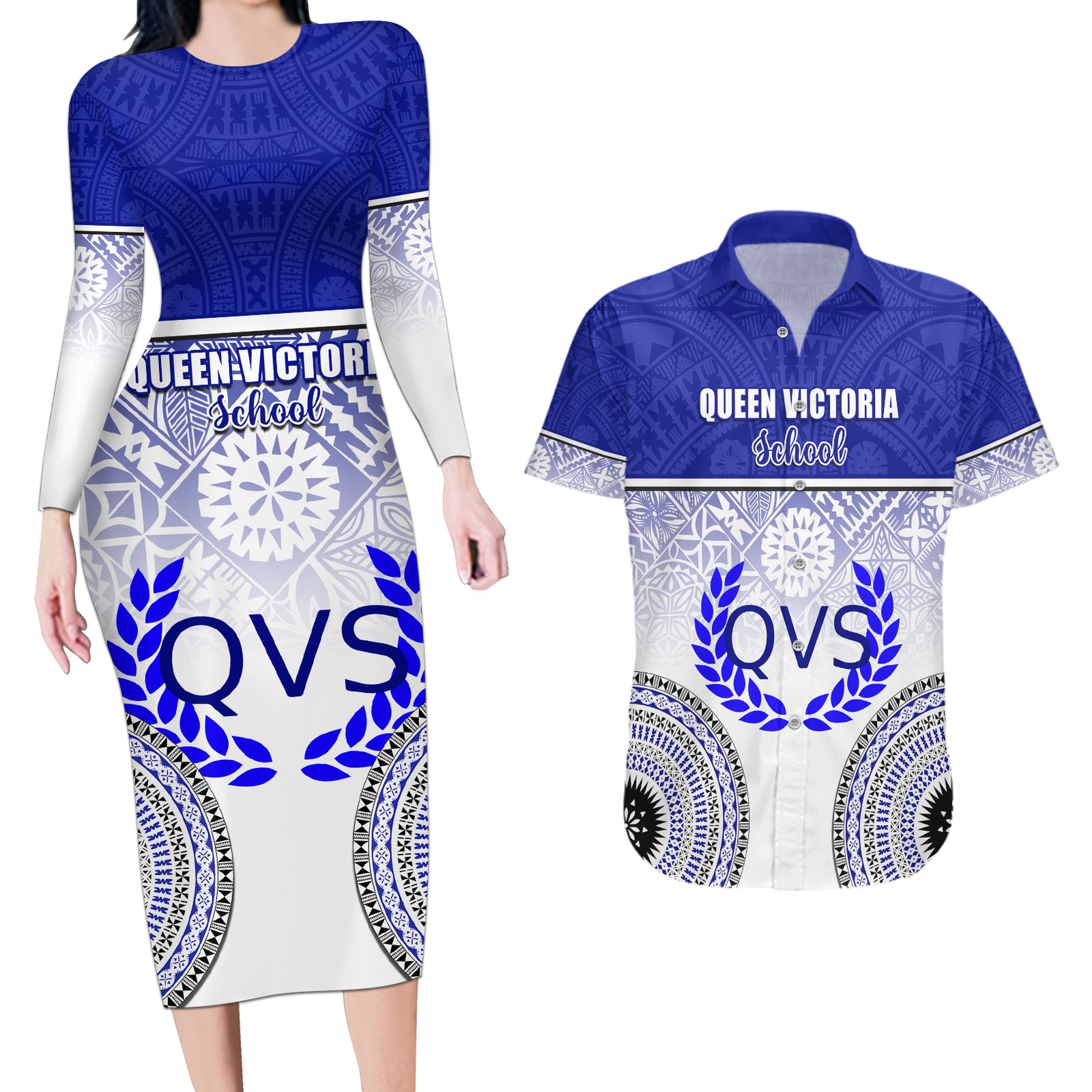 personalized-queen-victoria-school-couples-matching-long-sleeve-bodycon-dress-and-hawaiian-shirt-with-fijian-tapa-pattern