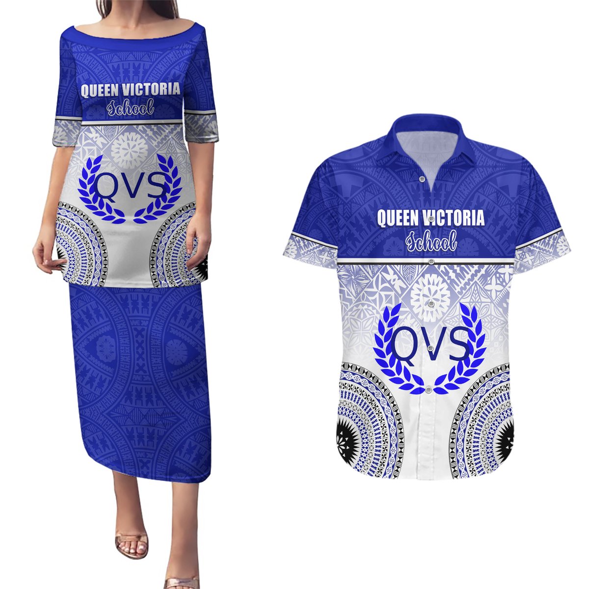 Personalized Queen Victoria School Couples Matching Puletasi Dress and Hawaiian Shirt With Fijian Tapa Pattern LT05 Blue - Polynesian Pride
