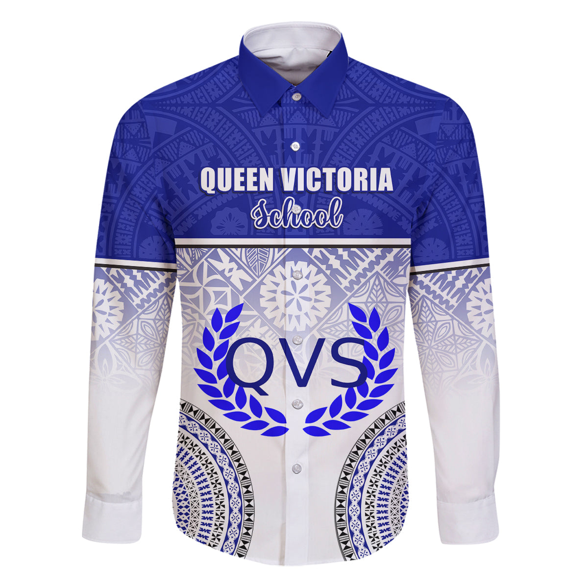 Personalized Queen Victoria School Family Matching Puletasi Dress and Hawaiian Shirt With Fijian Tapa Pattern LT05 Dad's Shirt - Long Sleeve Blue - Polynesian Pride