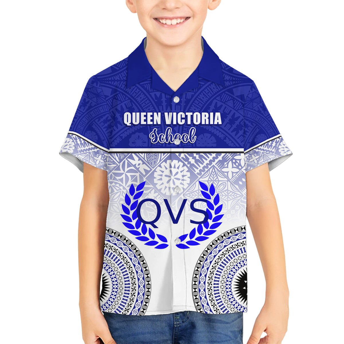 Personalized Queen Victoria School Family Matching Puletasi Dress and Hawaiian Shirt With Fijian Tapa Pattern LT05 Son's Shirt Blue - Polynesian Pride