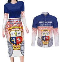 Personalized Marist Brothers High School Couples Matching Long Sleeve Bodycon Dress and Long Sleeve Button Shirts With Fijian Tapa Pattern LT05 Blue - Polynesian Pride