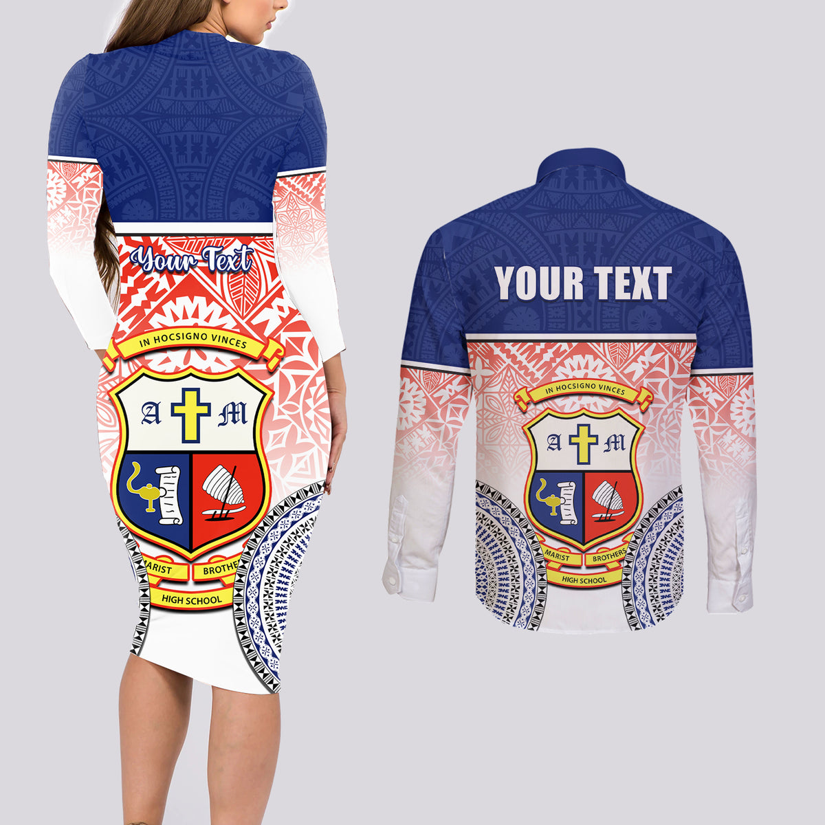 Personalized Marist Brothers High School Couples Matching Long Sleeve Bodycon Dress and Long Sleeve Button Shirts With Fijian Tapa Pattern LT05 - Polynesian Pride