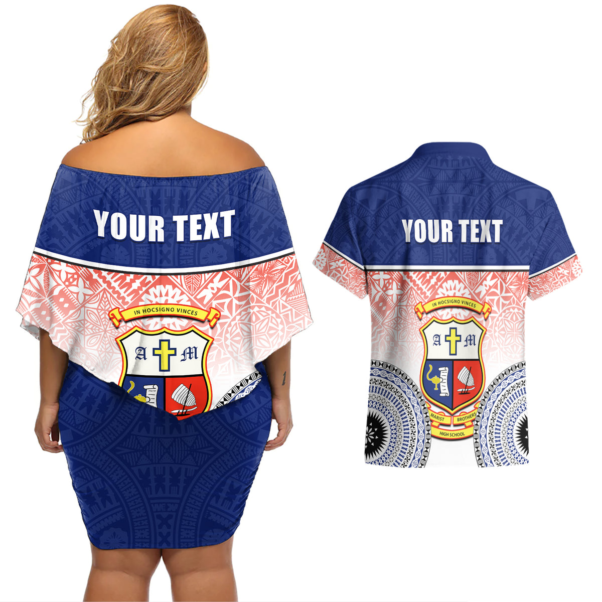 personalized-marist-brothers-high-school-couples-matching-off-shoulder-short-dress-and-hawaiian-shirt-with-fijian-tapa-pattern