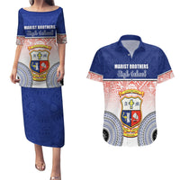 Personalized Marist Brothers High School Couples Matching Puletasi Dress and Hawaiian Shirt With Fijian Tapa Pattern LT05 Blue - Polynesian Pride