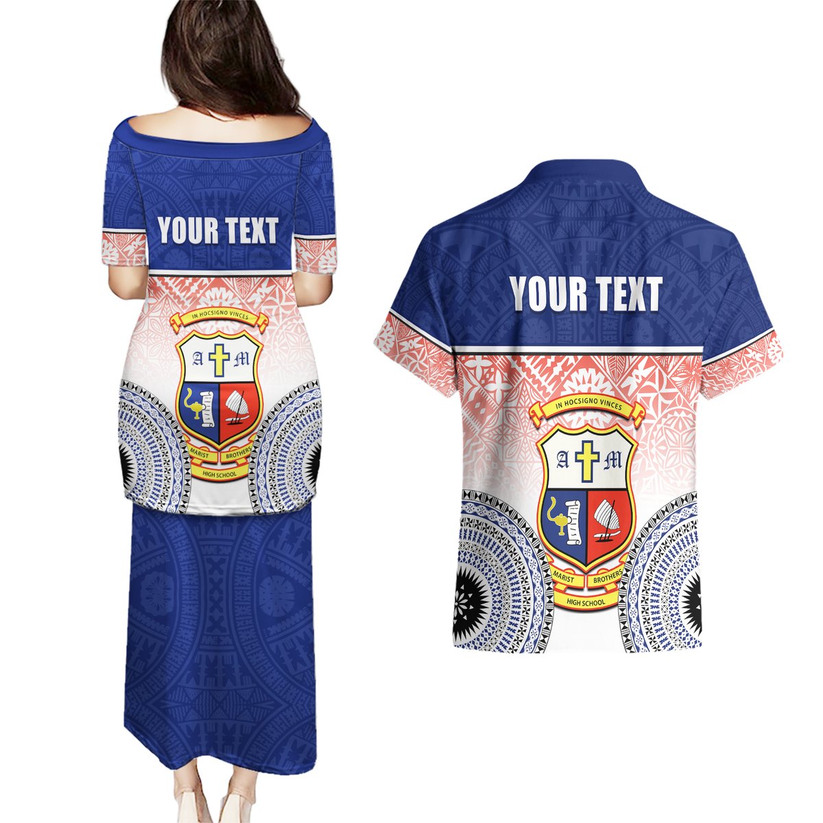 Personalized Marist Brothers High School Couples Matching Puletasi Dress and Hawaiian Shirt With Fijian Tapa Pattern LT05 - Polynesian Pride