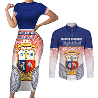 Personalized Marist Brothers High School Couples Matching Short Sleeve Bodycon Dress and Long Sleeve Button Shirts With Fijian Tapa Pattern LT05 Blue - Polynesian Pride