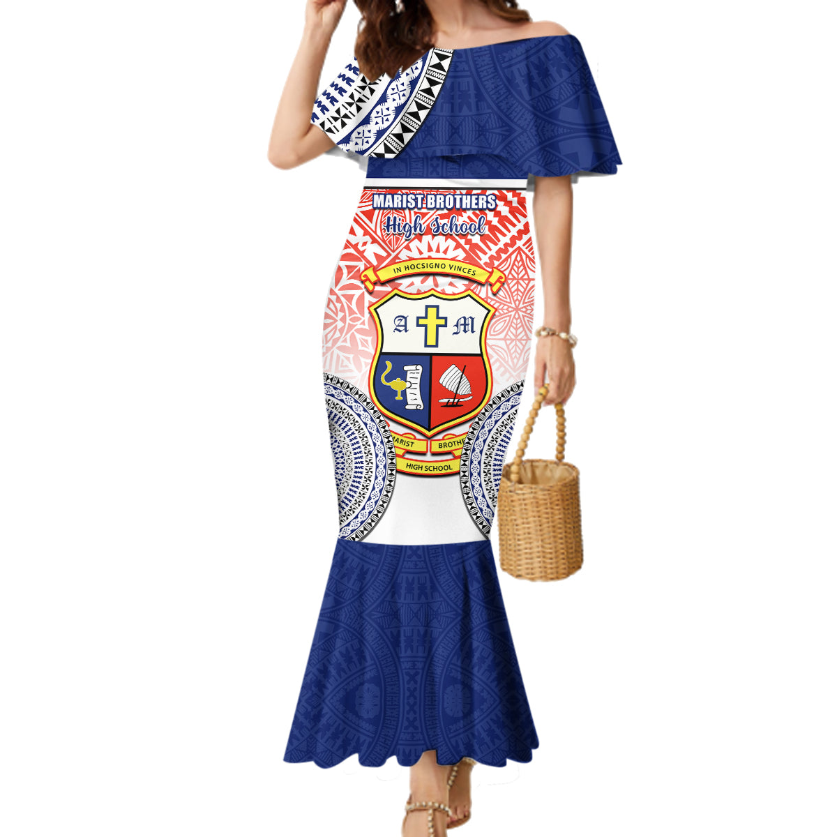 Personalized Marist Brothers High School Family Matching Mermaid Dress and Hawaiian Shirt With Fijian Tapa Pattern LT05 Mom's Dress Blue - Polynesian Pride