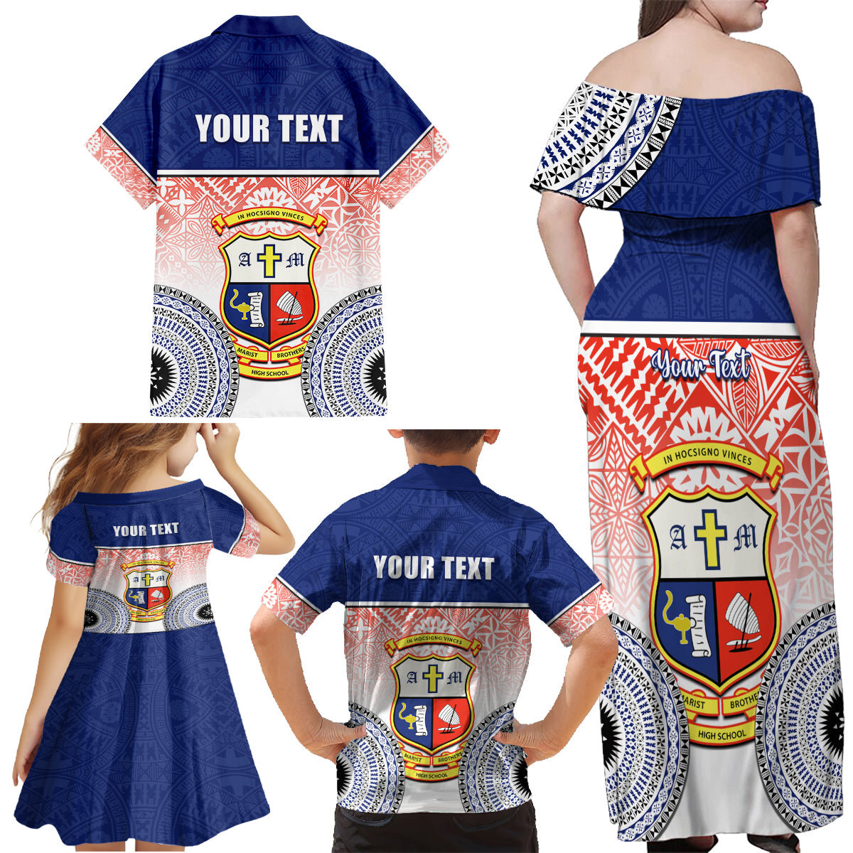 Personalized Marist Brothers High School Family Matching Off Shoulder Maxi Dress and Hawaiian Shirt With Fijian Tapa Pattern LT05 - Polynesian Pride