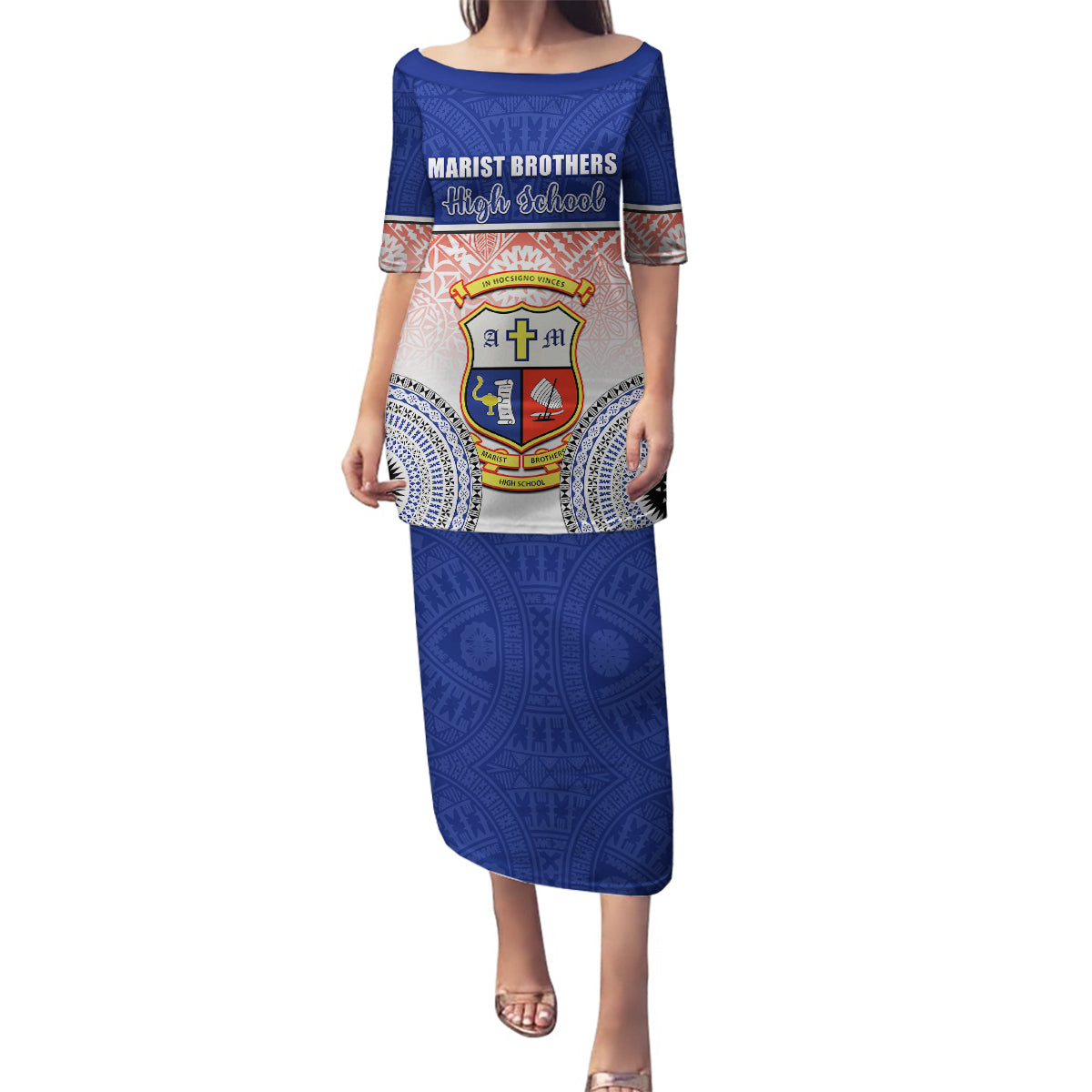 Personalized Marist Brothers High School Family Matching Puletasi Dress and Hawaiian Shirt With Fijian Tapa Pattern LT05 Mom's Dress Blue - Polynesian Pride