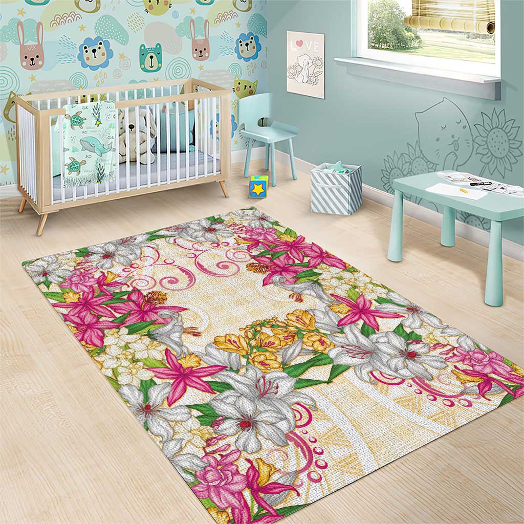 Hawaii Palaka Area Rug Yellow Tribal Pattern With Tropical Flowers - Polynesian Pride