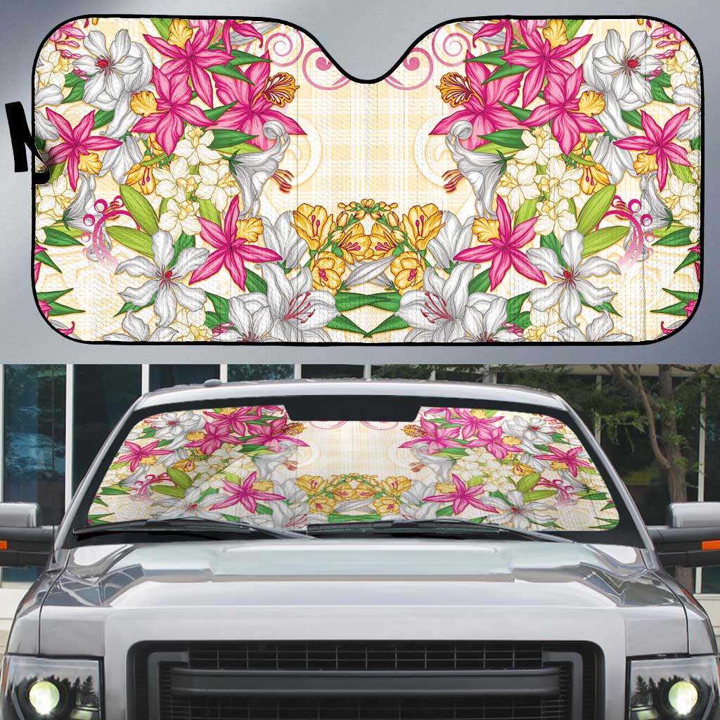 Hawaii Palaka Auto Sun Shade Yellow Tribal Pattern With Tropical Flowers - Polynesian Pride
