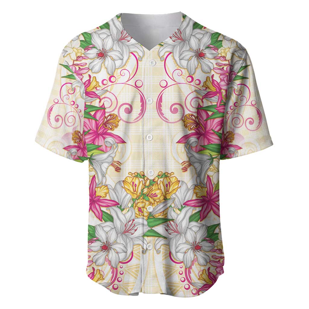 Hawaii Palaka Baseball Jersey Yellow Tribal Pattern With Tropical Flowers - Polynesian Pride