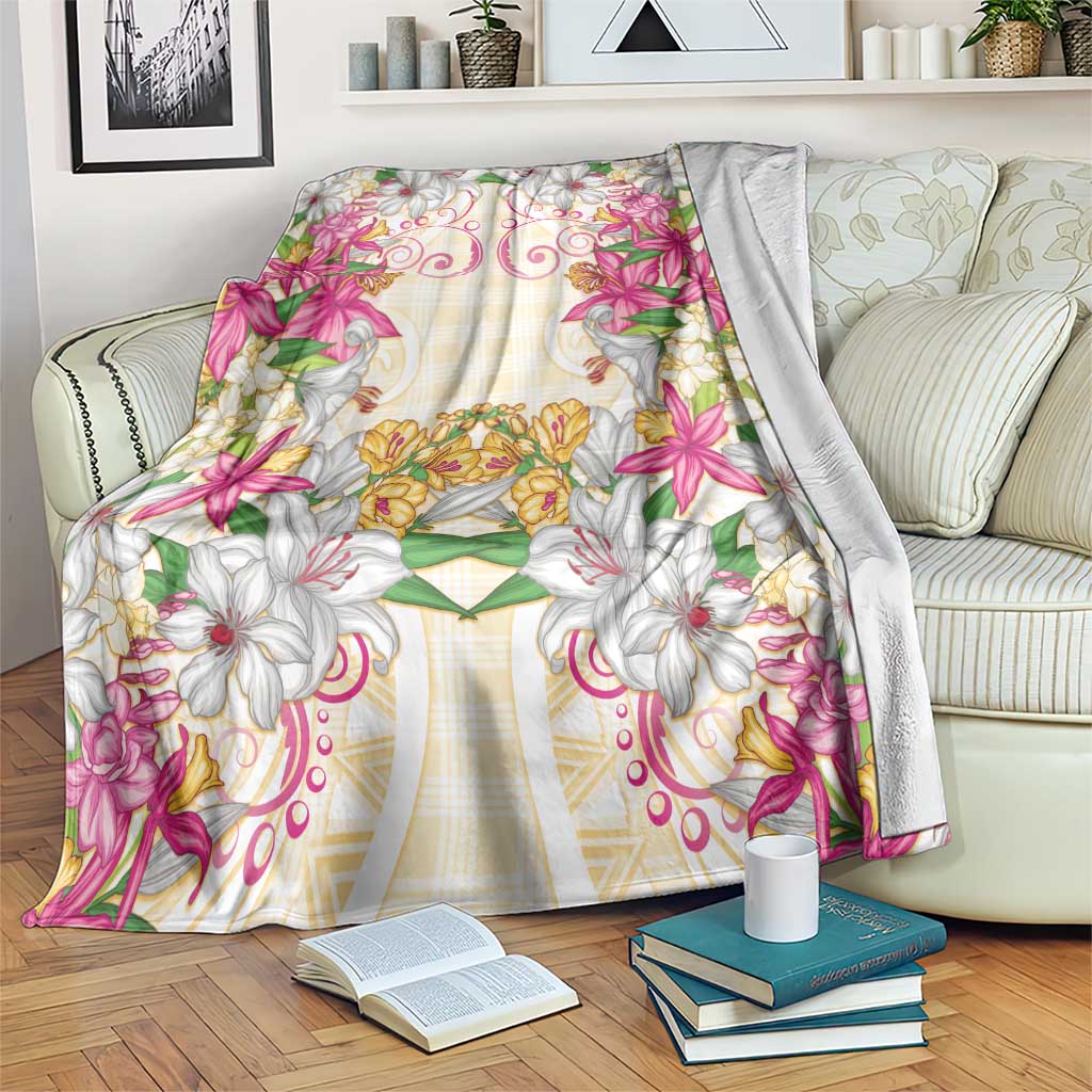 Hawaii Palaka Blanket Yellow Tribal Pattern With Tropical Flowers - Polynesian Pride