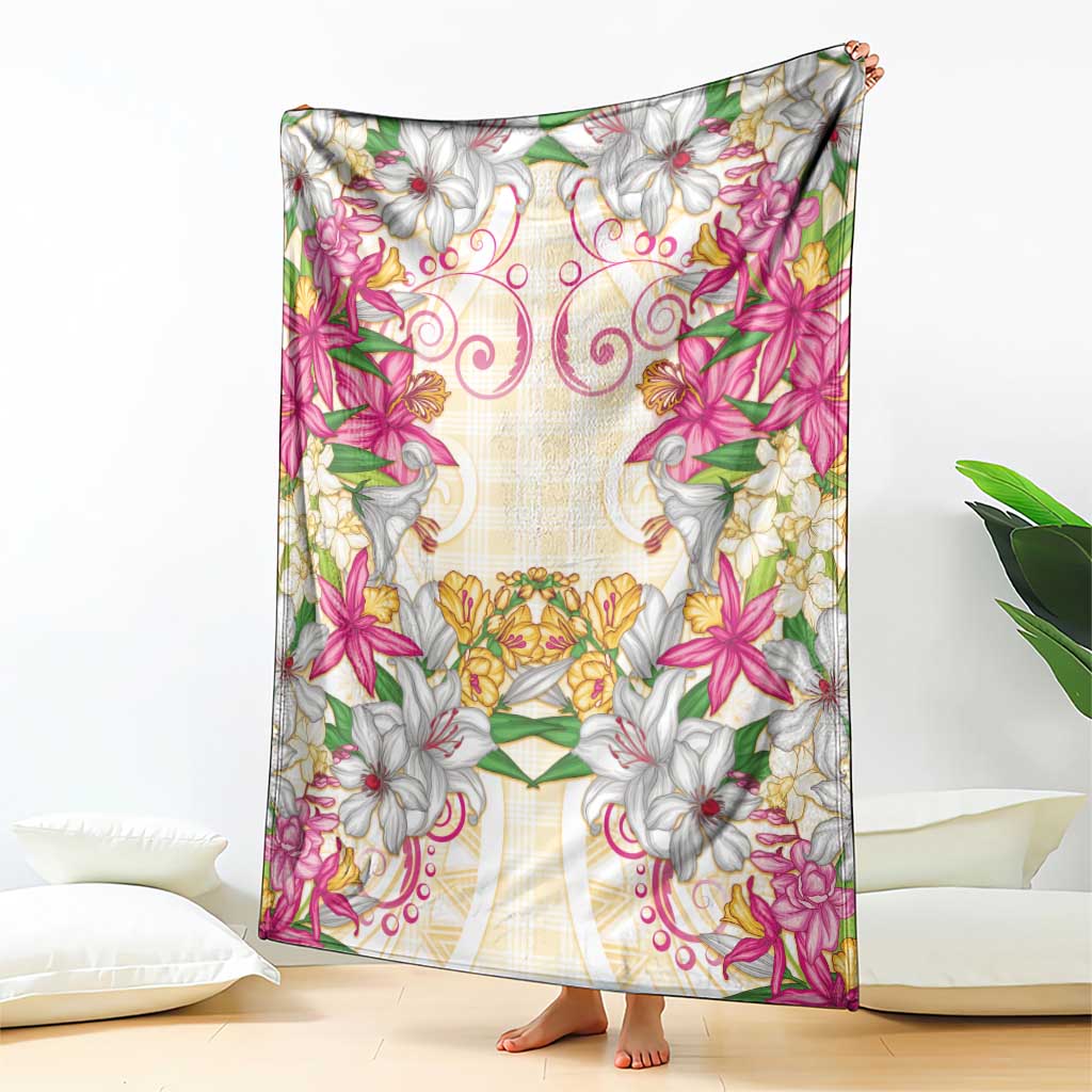 Hawaii Palaka Blanket Yellow Tribal Pattern With Tropical Flowers - Polynesian Pride