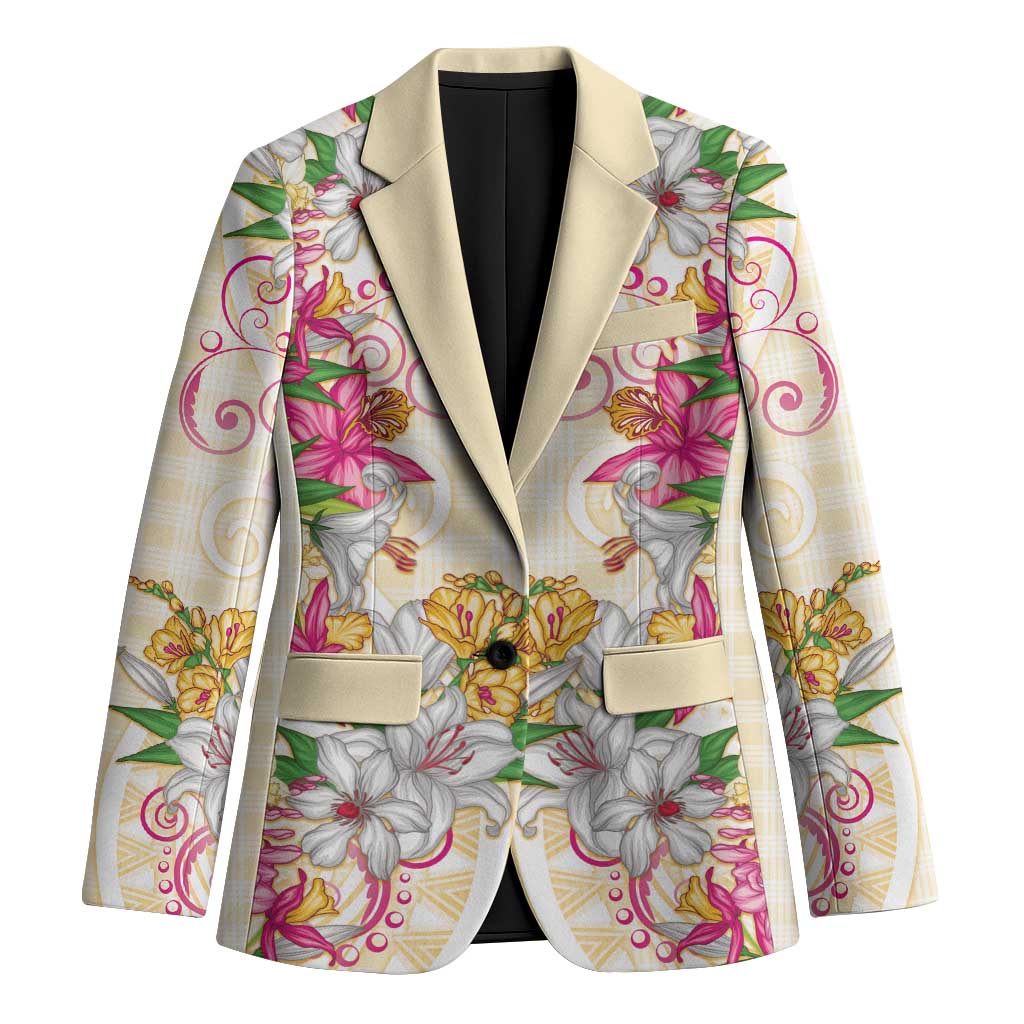 Hawaii Palaka Blazer Yellow Tribal Pattern With Tropical Flowers - Polynesian Pride