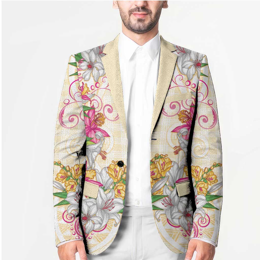 Hawaii Palaka Blazer Yellow Tribal Pattern With Tropical Flowers - Polynesian Pride