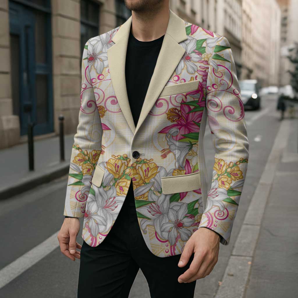 Hawaii Palaka Blazer Yellow Tribal Pattern With Tropical Flowers - Polynesian Pride