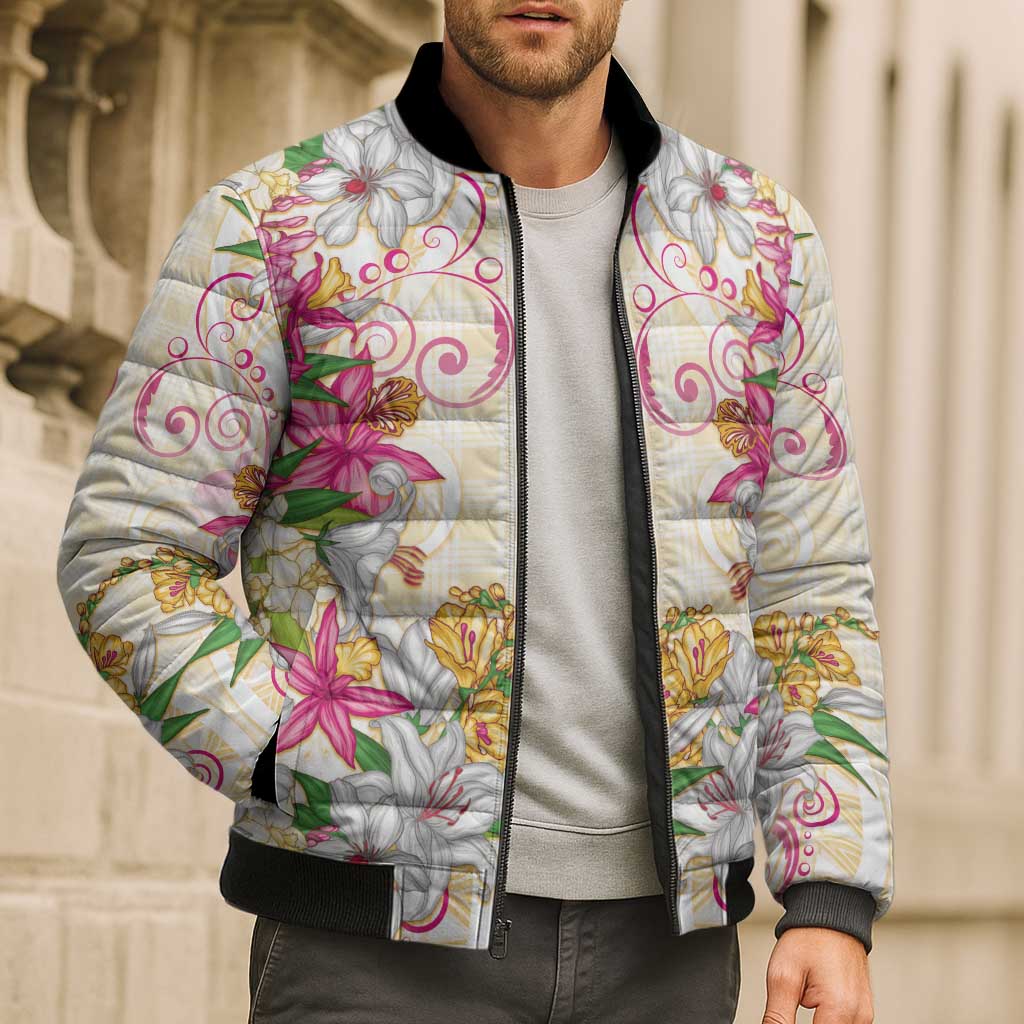 Hawaii Palaka Bomber Puffer Jacket Yellow Tribal Pattern With Tropical Flowers - Polynesian Pride