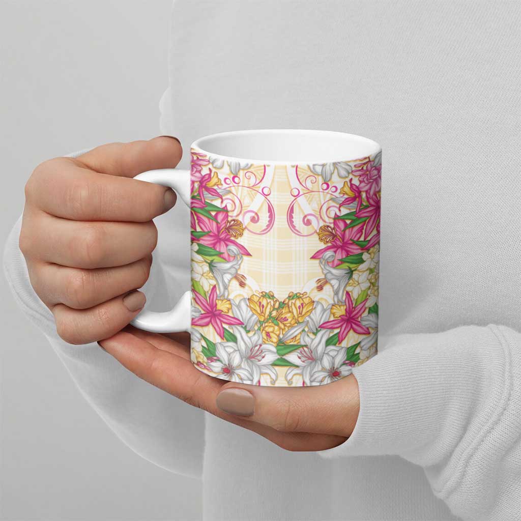 Hawaii Palaka Ceramic Mug Yellow Tribal Pattern With Tropical Flowers - Polynesian Pride