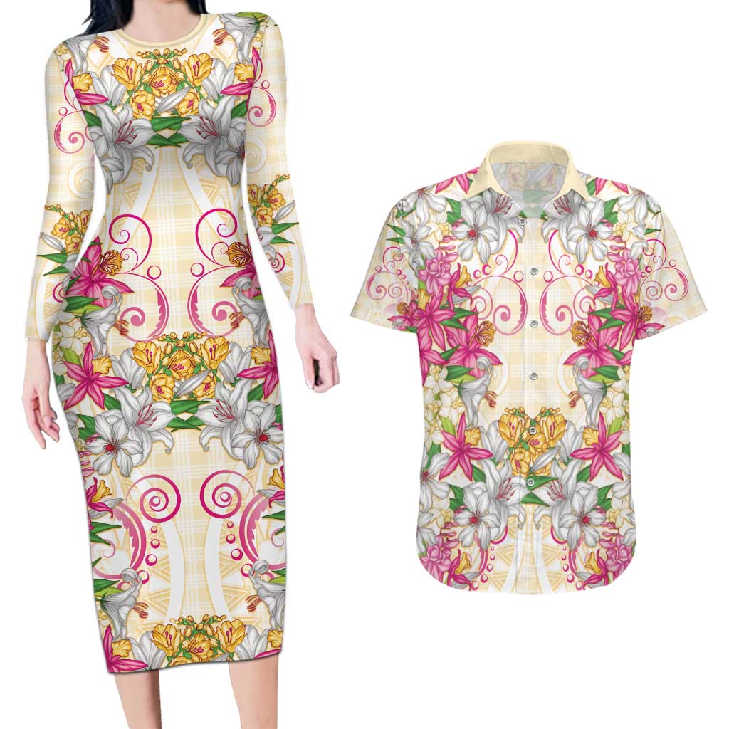 Hawaii Palaka Couples Matching Long Sleeve Bodycon Dress and Hawaiian Shirt Yellow Tribal Pattern With Tropical Flowers - Polynesian Pride