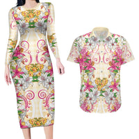 Hawaii Palaka Couples Matching Long Sleeve Bodycon Dress and Hawaiian Shirt Yellow Tribal Pattern With Tropical Flowers - Polynesian Pride