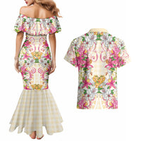 Hawaii Palaka Couples Matching Mermaid Dress and Hawaiian Shirt Yellow Tribal Pattern With Tropical Flowers - Polynesian Pride
