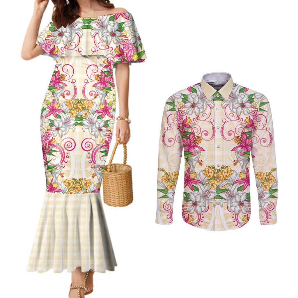 Hawaii Palaka Couples Matching Mermaid Dress and Long Sleeve Button Shirt Yellow Tribal Pattern With Tropical Flowers - Polynesian Pride