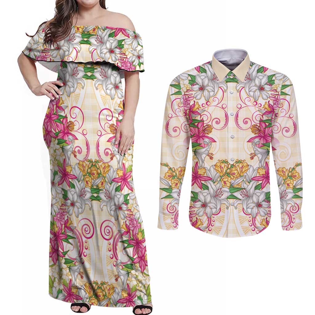 Hawaii Palaka Couples Matching Off Shoulder Maxi Dress and Long Sleeve Button Shirt Yellow Tribal Pattern With Tropical Flowers - Polynesian Pride