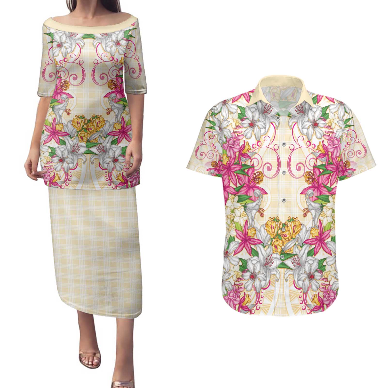 Hawaii Palaka Couples Matching Puletasi and Hawaiian Shirt Yellow Tribal Pattern With Tropical Flowers - Polynesian Pride