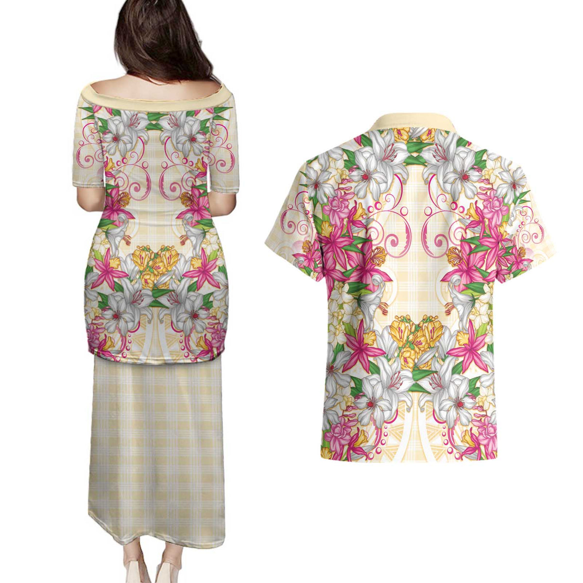 Hawaii Palaka Couples Matching Puletasi and Hawaiian Shirt Yellow Tribal Pattern With Tropical Flowers - Polynesian Pride