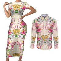 Hawaii Palaka Couples Matching Short Sleeve Bodycon Dress and Long Sleeve Button Shirt Yellow Tribal Pattern With Tropical Flowers - Polynesian Pride