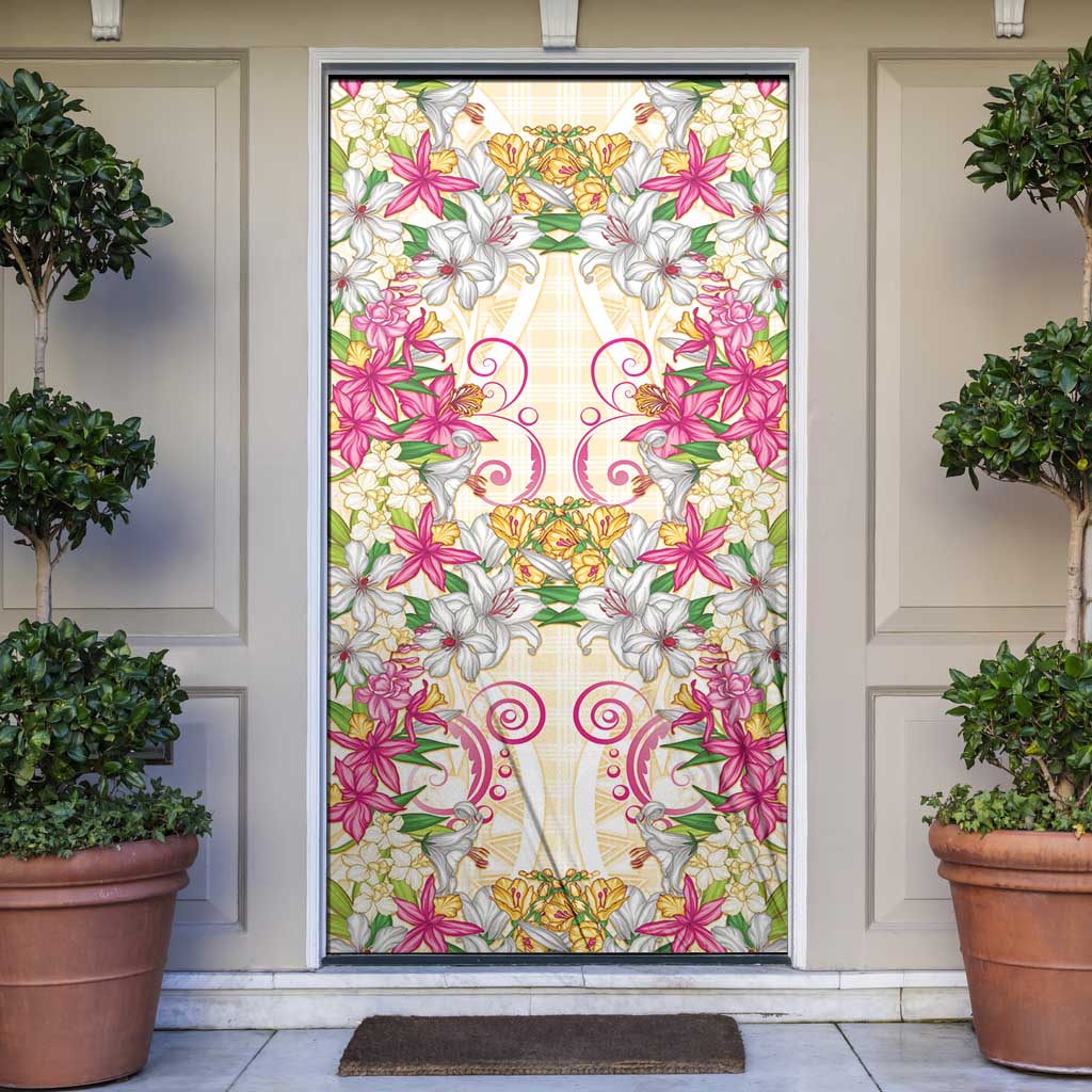Hawaii Palaka Door Cover Yellow Tribal Pattern With Tropical Flowers - Polynesian Pride
