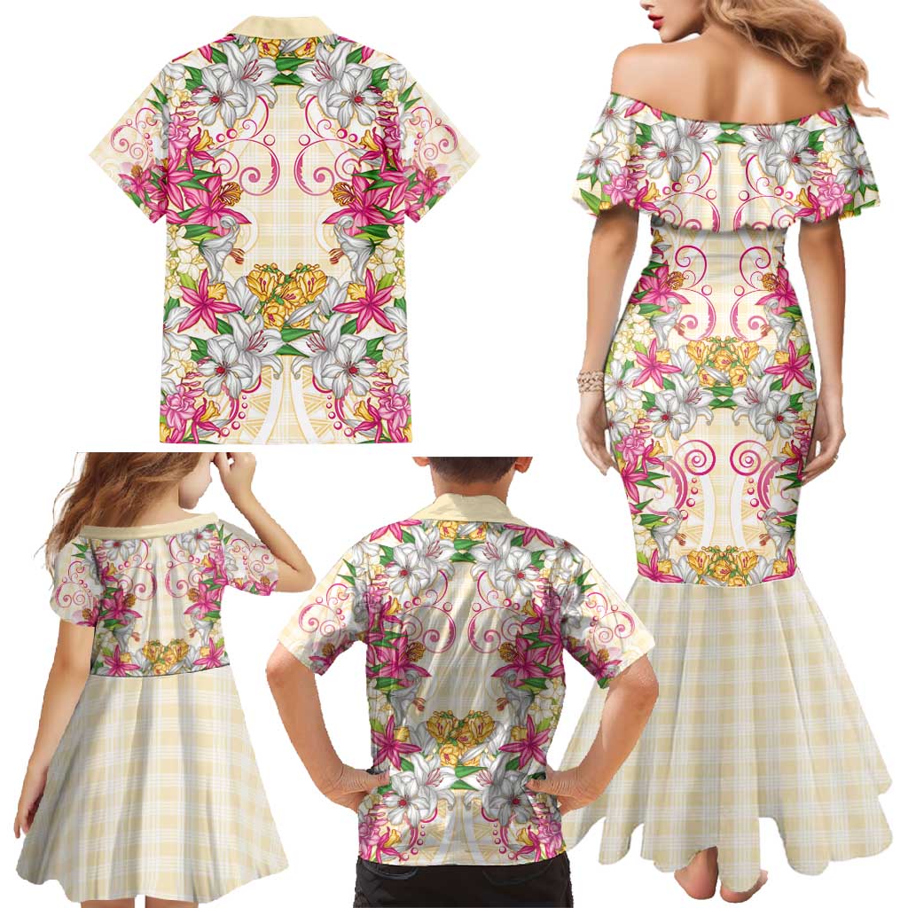 Hawaii Palaka Family Matching Mermaid Dress and Hawaiian Shirt Yellow Tribal Pattern With Tropical Flowers - Polynesian Pride