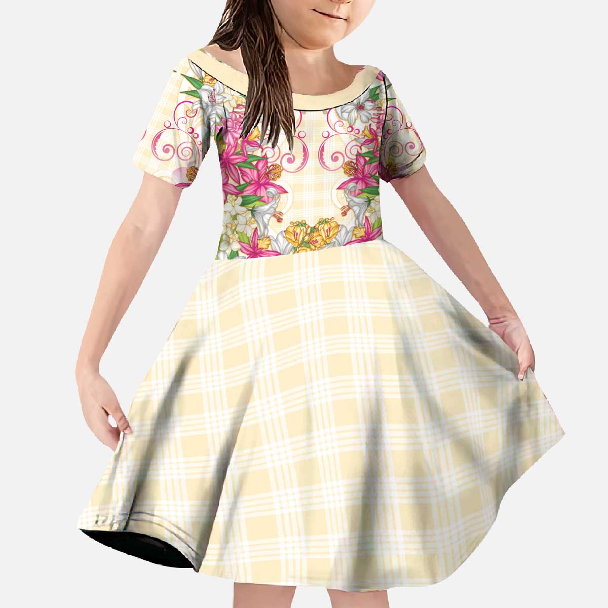 Hawaii Palaka Family Matching Off The Shoulder Long Sleeve Dress and Hawaiian Shirt Yellow Tribal Pattern With Tropical Flowers - Polynesian Pride