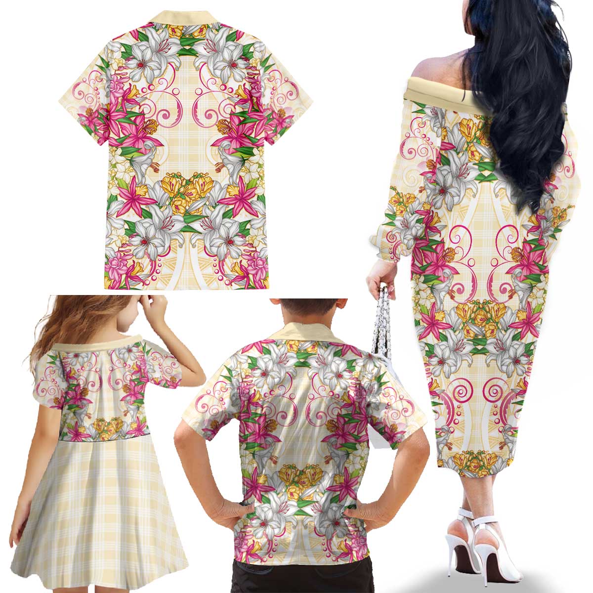 Hawaii Palaka Family Matching Off The Shoulder Long Sleeve Dress and Hawaiian Shirt Yellow Tribal Pattern With Tropical Flowers - Polynesian Pride