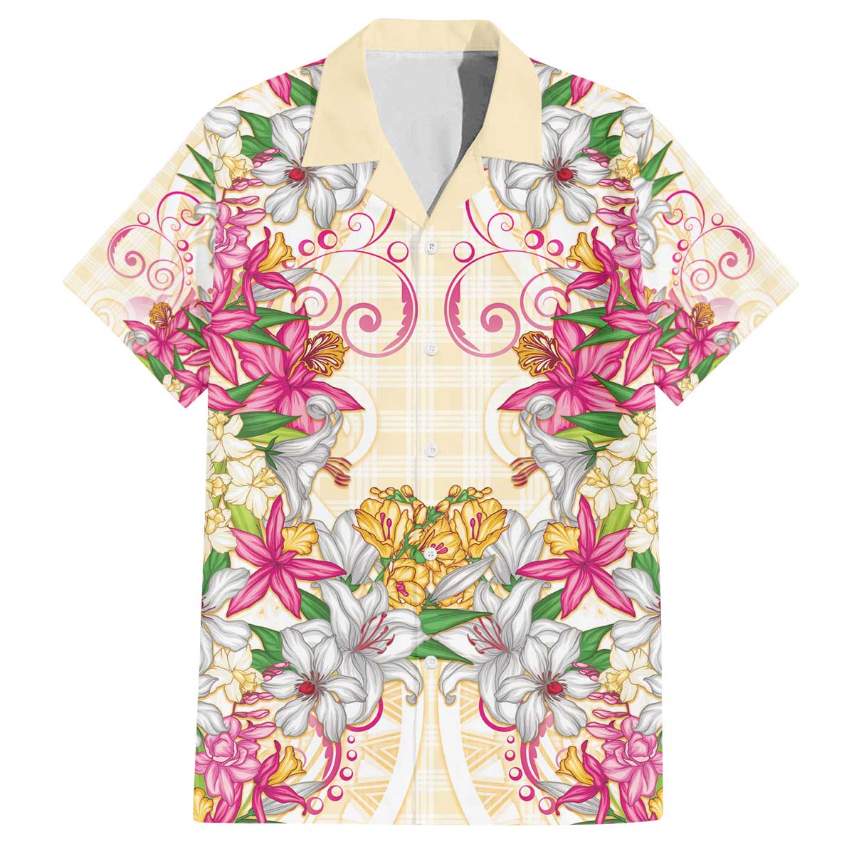 Hawaii Palaka Family Matching Off The Shoulder Long Sleeve Dress and Hawaiian Shirt Yellow Tribal Pattern With Tropical Flowers - Polynesian Pride