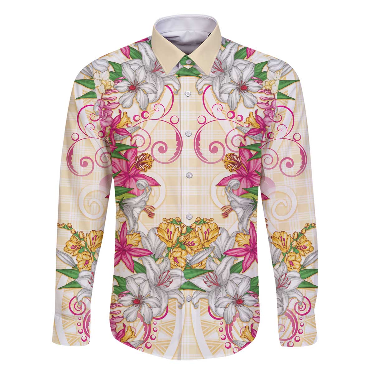 Hawaii Palaka Family Matching Off The Shoulder Long Sleeve Dress and Hawaiian Shirt Yellow Tribal Pattern With Tropical Flowers - Polynesian Pride