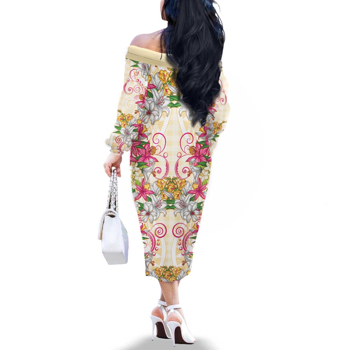 Hawaii Palaka Family Matching Off The Shoulder Long Sleeve Dress and Hawaiian Shirt Yellow Tribal Pattern With Tropical Flowers - Polynesian Pride