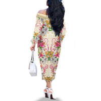 Hawaii Palaka Family Matching Off The Shoulder Long Sleeve Dress and Hawaiian Shirt Yellow Tribal Pattern With Tropical Flowers - Polynesian Pride