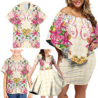 Hawaii Palaka Family Matching Off Shoulder Short Dress and Hawaiian Shirt Yellow Tribal Pattern With Tropical Flowers - Polynesian Pride