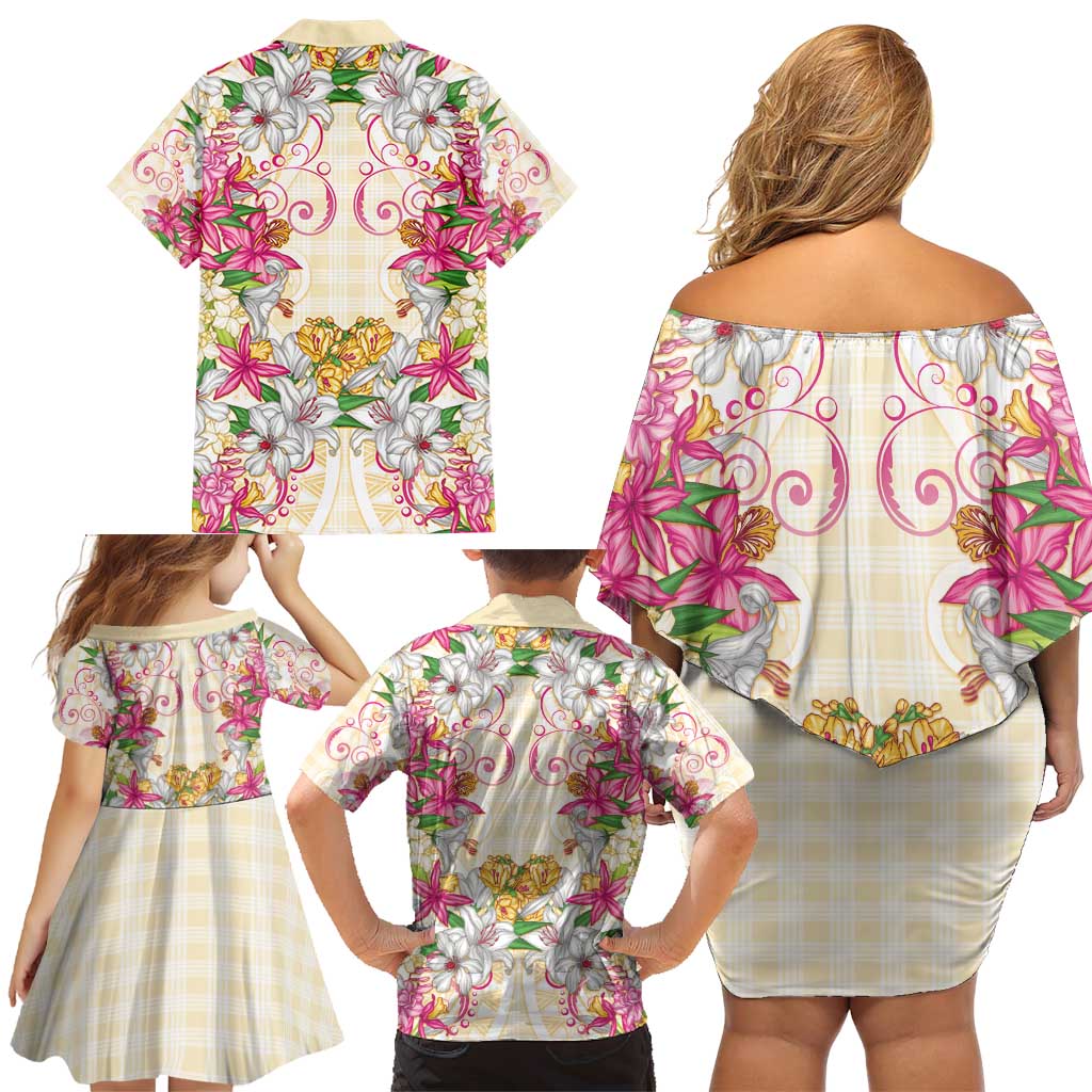 Hawaii Palaka Family Matching Off Shoulder Short Dress and Hawaiian Shirt Yellow Tribal Pattern With Tropical Flowers - Polynesian Pride